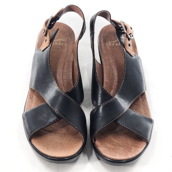 DANSKO Jacinda Black Leather Criss Cross Slingback Wedge Sandals - Picture 8 of 10